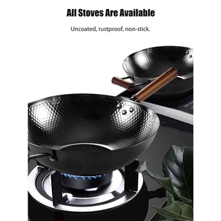 ☊❉Kitchen Non-Stick Wok Thick Honeycomb Iron Wok Large-Capacity Wok Non-Stick Uncoated Gas/Induction Cooker Pan Househol