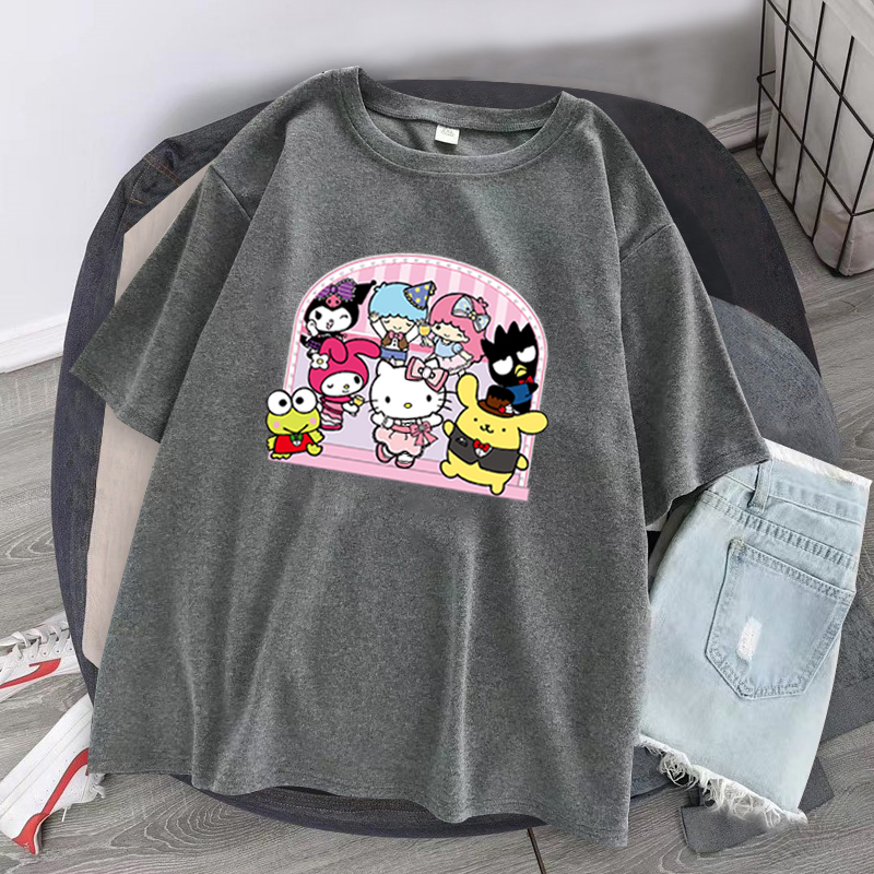 round-คอลูกเรือharajuku-การ์ตูน-gothic-พิมพ์แขนสั้น-kuromi-hellokitty-เสื้อยืดเสื้อฤดูร้อน-streetwear-o-neck-สาวหวานเสื้