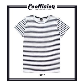 Coollision เสื้อยืดแขนสั้นลายทาง พื้นขาวเส้นดำ คอขาว (S166)