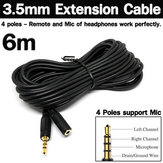 3.5mm Stereo Jack Headphone Extension Cable Aux Audio Wired Cord Lead for Computer Phone 6m 4 Poles support Mic .