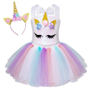 Unicorn dress female pain unicorn sequin costume floral event princess dress up birthday party dress up with headband Christmas party costume