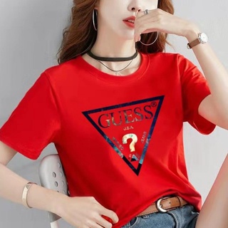 [S-5XL] เสื้อยืดแขนสั้น ผ้าฝ้าย พิมพ์ลายโลโก้ Guess แฟชั่นฤดูใบไม้ผลิ และฤดูร้อน สําหรับผู้หญิง