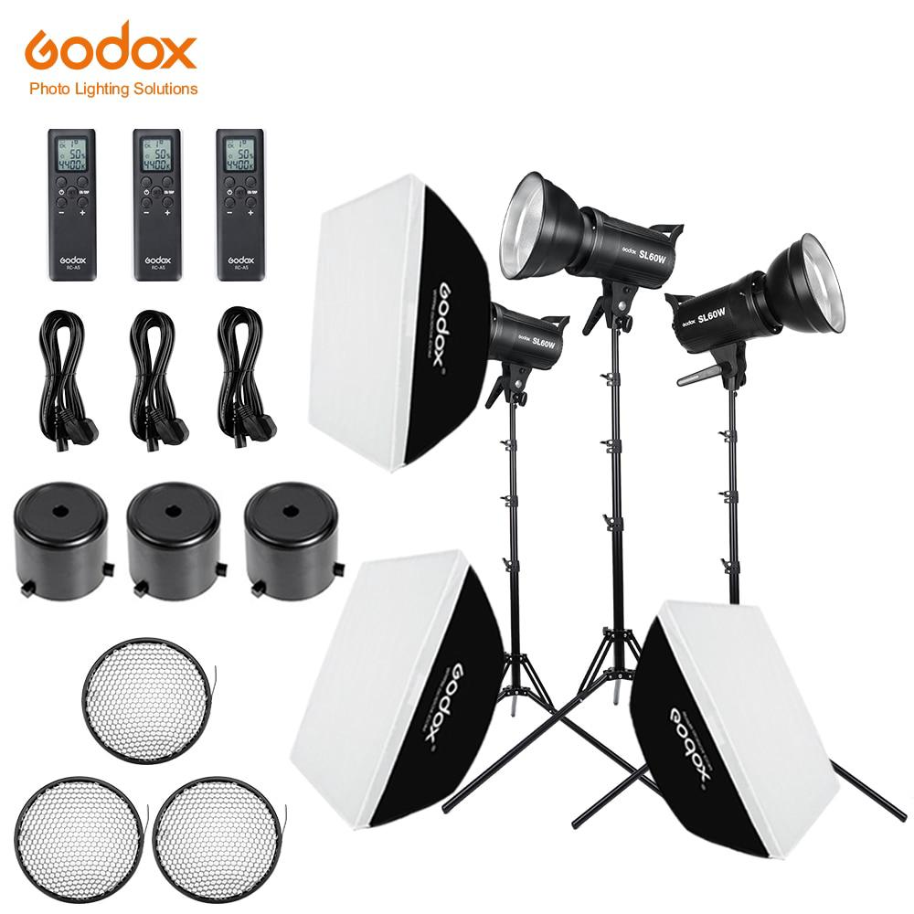 3x Godox SL-60W 5600K Studio LED Continuous Photo Video Light + 3x 1.8m Light Stand + 3x 60x60cm Softbox LED Light Kit