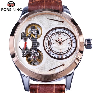 Forsining Fashion Second Dial Tourbillion Rose Golden Case Brown Genuine Leather Men Watches Top Brand Luxury Automatic