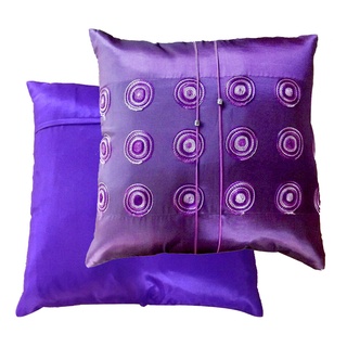 A3-Thai Silk Pillow Covers ปลอกหมอนอิง ไหมไทยลายปักกลม 16×16 นิ้ว 1 คู่ สีม่วง