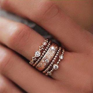 5PCS/Set Fashion Lady Rose Gold Metal Rhinestone Crystal Elegant Rings Wave Shape Ring Set Jewelry