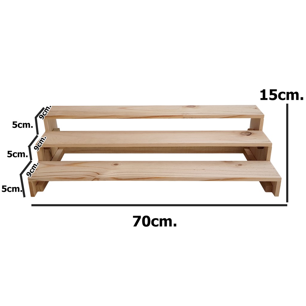 ชั้นไม้วางของ-ชั้น-70x27x15-cm-ขั้นบันได-ไม้สนแท้-สำหรับวางของโชว์-ของขาย-พระเครื่อง-กระบองเพชร