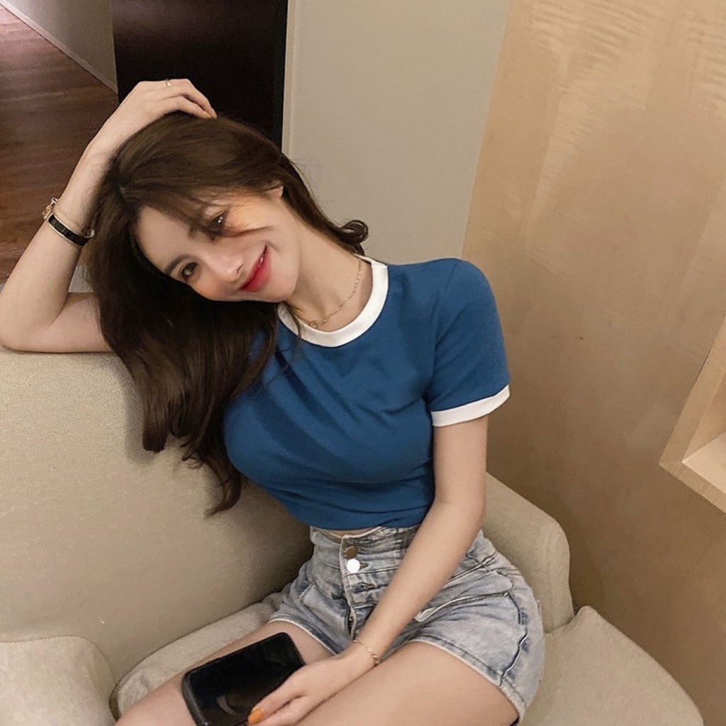 สต็อกไทย-ff-เสื้อยืดผ้าคอตตอนทรงพอดีตัว-แต่งกุ้นขอบ-4-สี