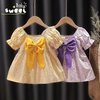 Baby sweety 🔥 พร้อมส่ง ชุดเดรสเด็กผู้หญิง แขนสั้นประดับโบว์ ลายดอก ฤดูร้อน 1-5 ขวบ ชุดเดรสกระโปรง เสื้อผ้าเด็กผู้หญิง