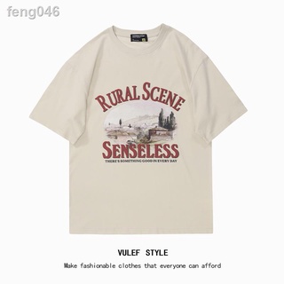 ❉✹▣VULEF ยุโรปและอเมริกาสไตล์ย้อนยุคพิมพ์สั้นเสื้อยืดหลวมแบรนด์รอบคอผู้ชายและผู้หญิงหลวม unisex เสื้อ
