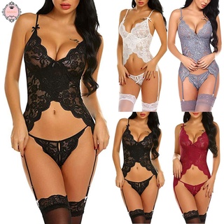 New Women Lace V Neck Bodysuit Underwear Thong With Garter Lingerie Set