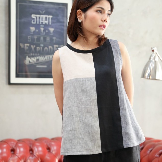 candith-natural-linen-sleeveless-multicolor-black-grey-เย็บต่อผ้าแบบยูนิค