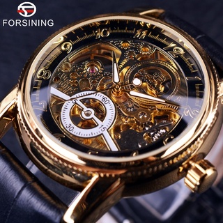 Forsining Classic Hollow Engraving Skeleton Casual Designer Black Golden Gear Bezel Watches Men Luxury Brand Automatic W