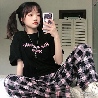 เสื้อยืด 💗พร้อมส่ง💗ปกน่ารักคูลเกาหลีชุดสูทสองชิ้นสไตล์ขี้เกียจหญิงแขนสั้นหลวม + ลายสก๊อตย้อนยุคลำลองขากว้าง กางเกง