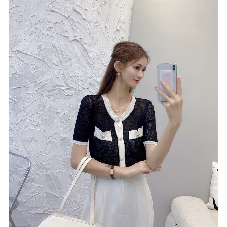 cicishop-bz1090-เสื้อไหมพรมแขนสั้น-กระดุมเพชรเรียบหรู-คุณหนุสุดๆ