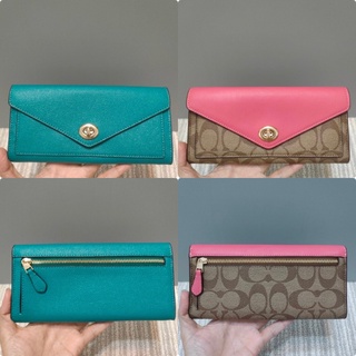 🎀 (สด-ผ่อน) กระเป๋าสตางค์ ใบยาวฝาพับ สีชมพู COACH C3315 / สีเขียว C3314 ENVELOPE WALLET IN SIGNATURE CANVAS