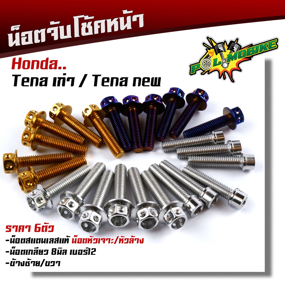 น็อตจับโช้คหน้า TENA ทุกปี เลสแท้100% (1ชุด 6ตัว) น็อตเบอร์12 หัวเจาะ