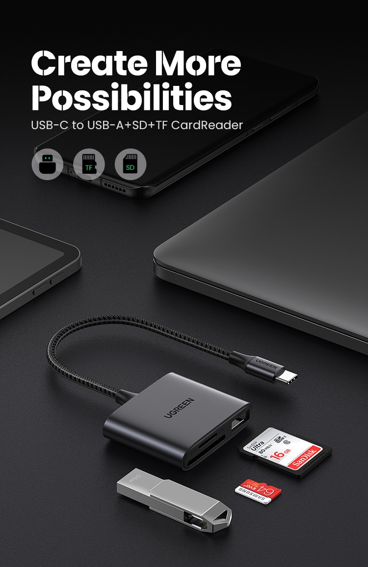 มุมมองเพิ่มเติมของสินค้า UGREEN 3 in 1 การ์ดรีดเดอร์ แบบเสียบ USB ประเภท C สำหรับอ่านการ์ด SD กล้องถ่ายภาพ for Macbook Pro for Macbook Air for Pro 2020 Galaxy S20 Note 20 และอุปกรณ์ที่มีช่องเสียบ USB ประเภท C อื่นๆ