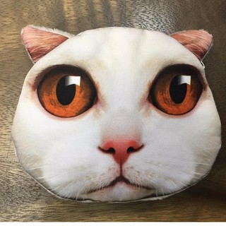 กระเป๋าผ้าใส่เหรียญลายหน้าแมวสีขาว ตาสีส้ม 3มิติ 3D ลายเหมือนจริง
