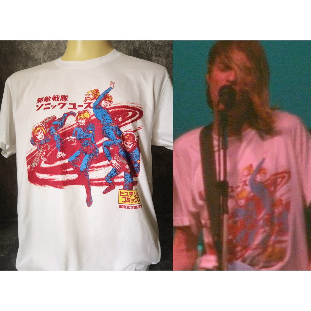 เสื้อยืดพิมพ์ลายเสื้อวงนำเข้า Kurt Cobain Sonic Youth Japan Tour