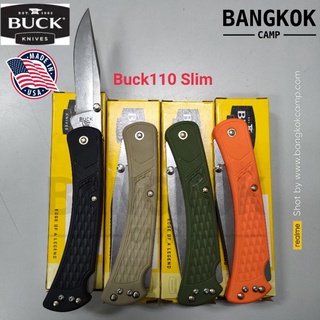 [Genuine] มีด Buck110 Slim Select Folding Hunter 3.75" Plain Blade, Black GFN Handles, Deep Carry Pocket Clip