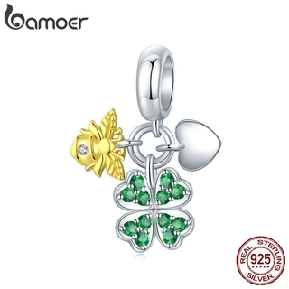 bamoer Silver 925 Vintage Pattern Clover with Bee Pendant Charm fit Original Bracelet or Necklace DIY Jewelry BSC303