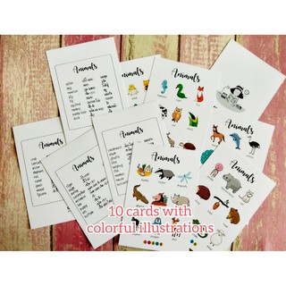 Flashcard  บัตรรวมคำศัพท์ ชุด animals  10 แผ่น 80 คำศัพท์ ขนาด 4 x 6 นิ้ว  ภาพประกอบน่ารัก