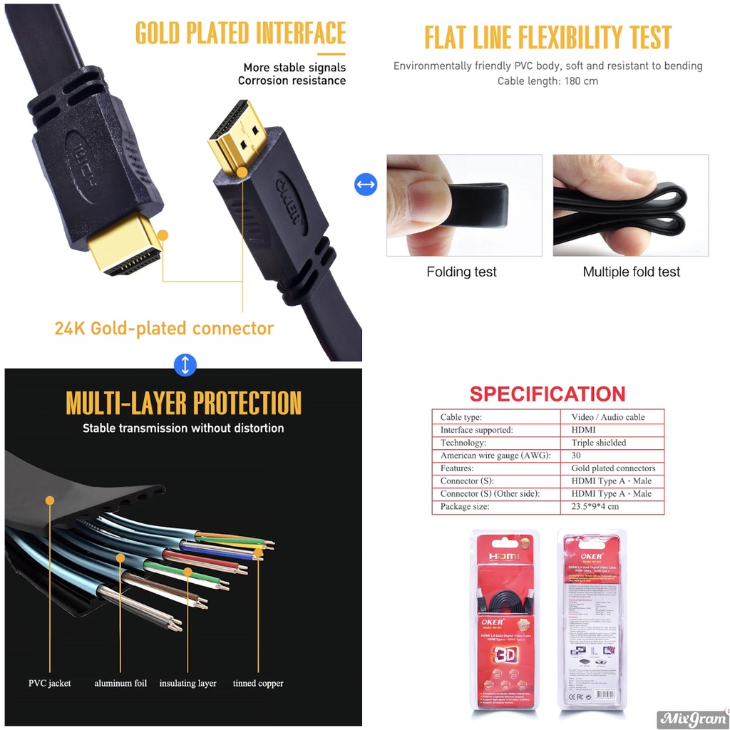 ส่งเร็ว-oker-hdmi-cable-สาย-hdmi-oker-แบบถัก-hd-401-แบบแบน-hd-301-1-8m-hdmi-1-4-gold-digital-video-cable