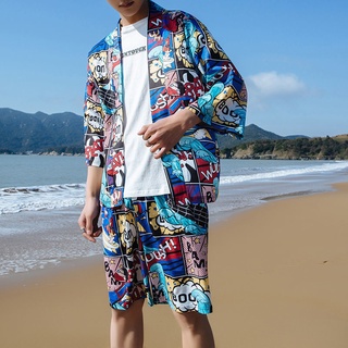 ภาพขนาดย่อของภาพหน้าปกสินค้าราคาส่ง2ชุดขึ้นไป Kimono Men 1920 ชุดเซตเสื้อคลุมกิโมโนชาย+กางเกง ชุดเซตกางเกงขาสั้น ชุดสไตล์ญี่ปุ่น ชุดเดินชายหาด จากร้าน mno.9 บน Shopee ภาพที่ 2