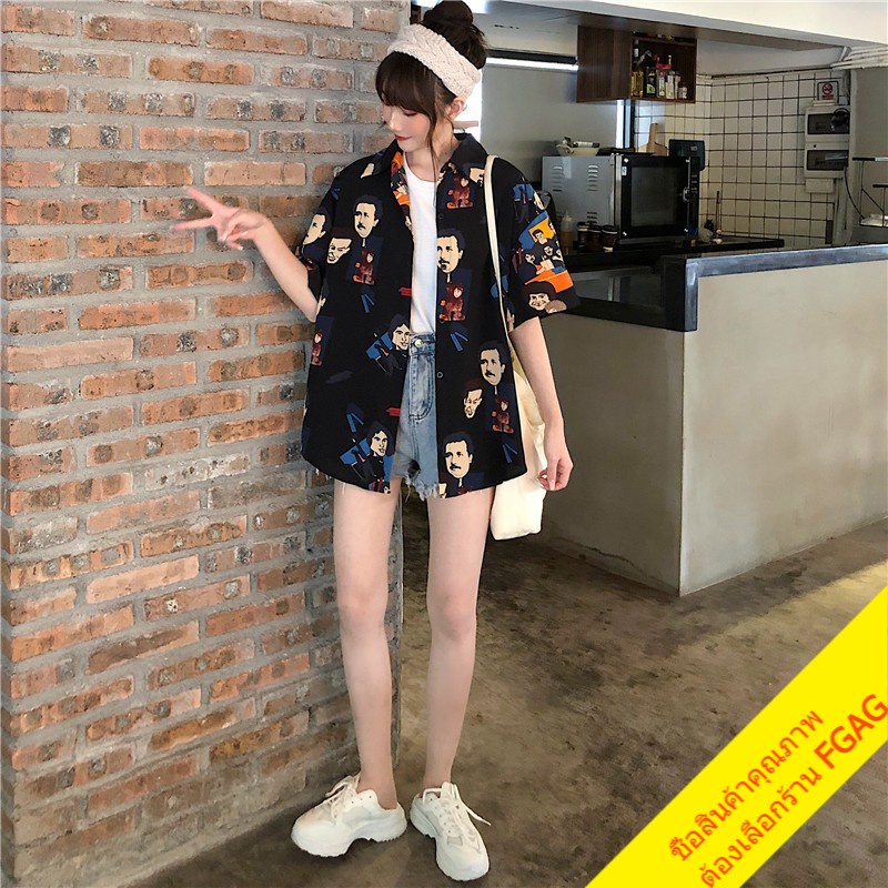 เสื้อเชิ้ตแขนสั้นตัวใหญ่ลายการ์ตูนผู้หญิง-oversize-เสื้อผ้าแฟชั่นวัยรุ่น-เสื้อโอเวอร์ไซส์เกาหลี-ทันสมัยที่สุด