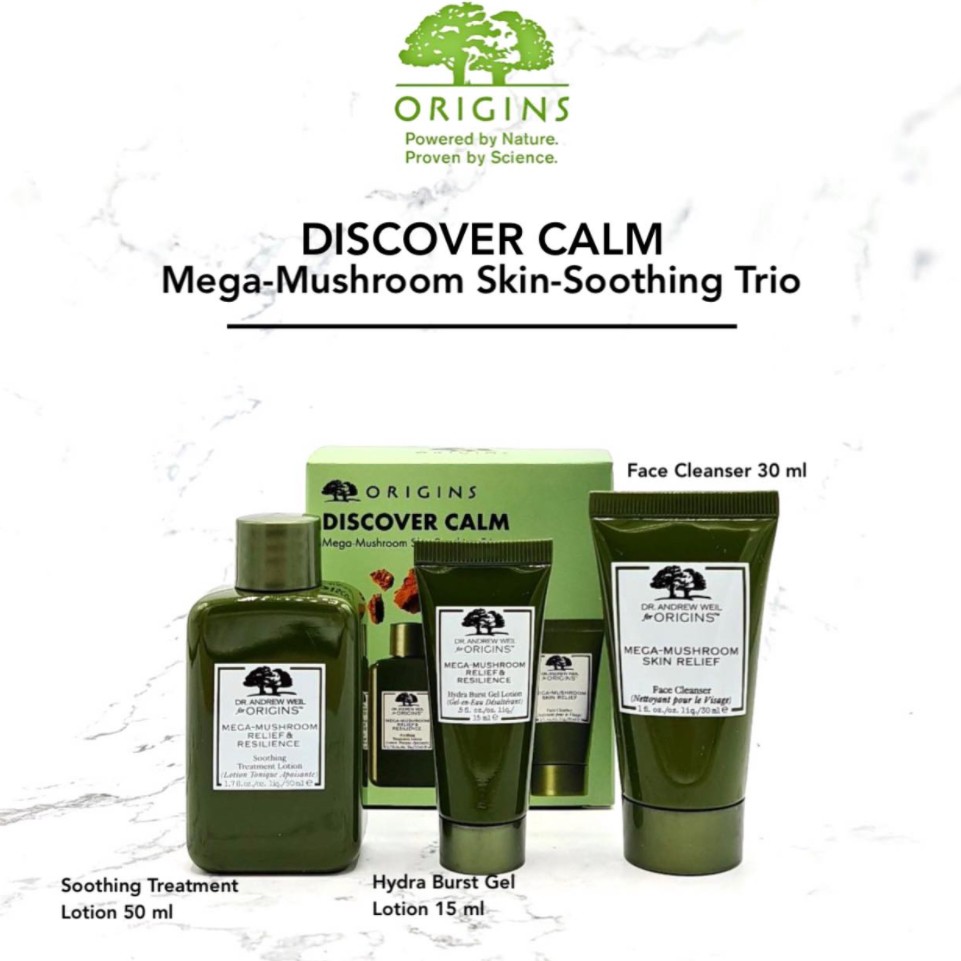 ออริจิ้น-เซทปลอบประโลมผิว-origins-discover-calm-mega-mushroom-skin-soothing-trio