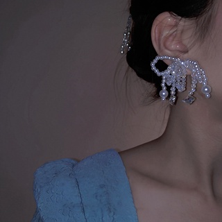 925 silver needle crystal pearl beaded bow tassel earrings super fairy forest earrings temperament wild earrings female