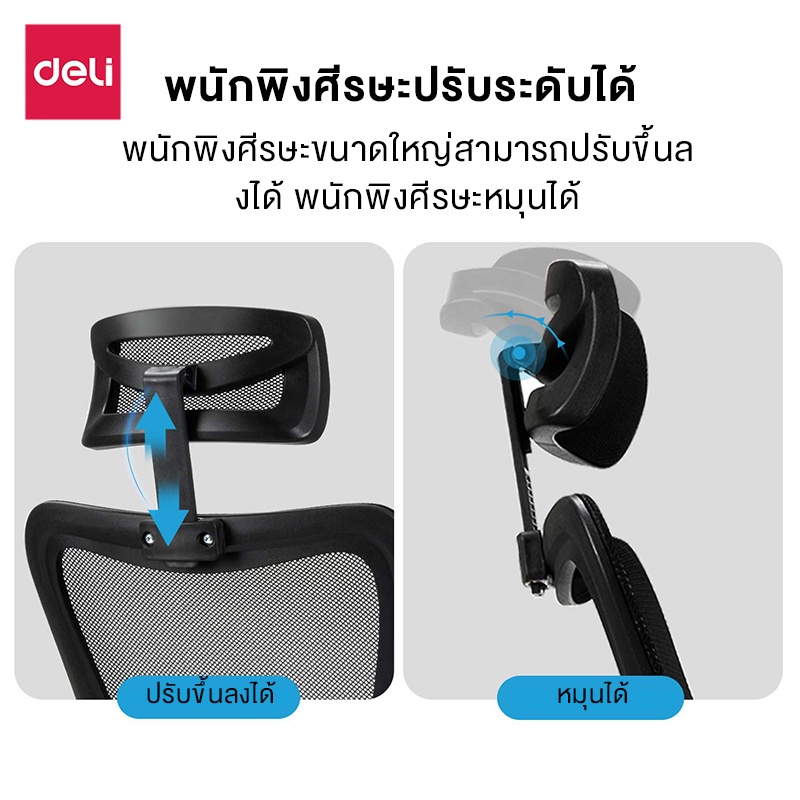 Deli เก้าอี้ทำงาน เก้าอี้สำนักงาน เก้าอี้สีดำ เก้าอี้สีขาว เก้าอี้สีเทา ที่นั่งเพื่อสุขภาพ รวมพนักพิงศีรษะ ปรับสูงต่ำได้ ระบายอากาศดีเยี่ยม