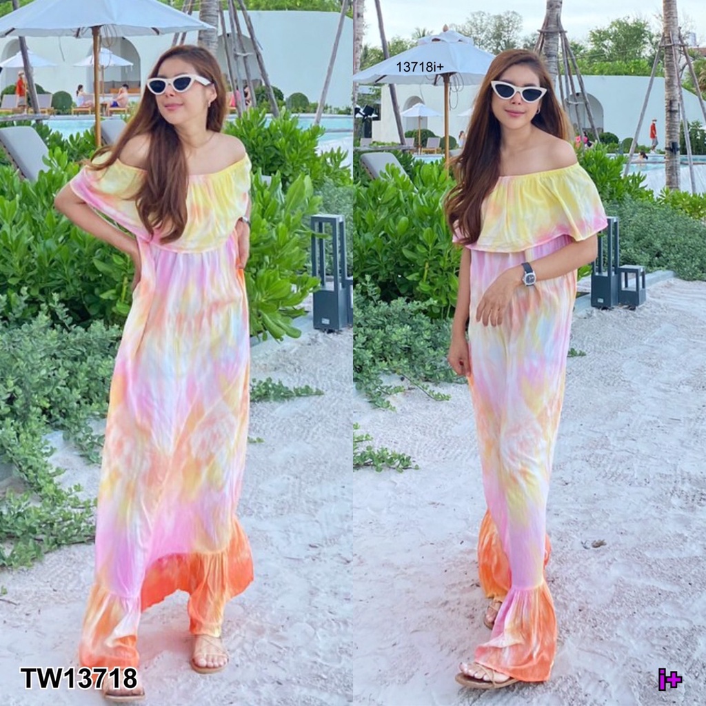 tw13718-maxi-dress-เดรสยาว-เปิดไหล่-ใส่ได้สองแบบเลยเป็นเกาะก็ได้หรือเปิดไหล่ก็ได้-ผ้าสปันลายมัดย้อม