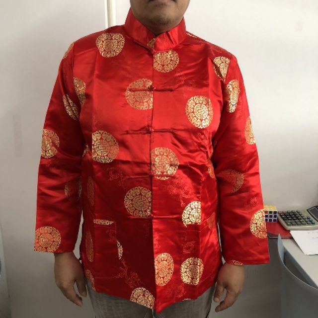 เสื้อจีนชาย-สีแดงลายเหรียญทอง-เสื้อจีนผู้ชาย-เสื้อตรุษจีน-เสื้อไหมจีนผู้ชาย