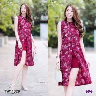 TW11329 Set 2 ชิ้น เสื้อคอปีนแขนกุดตัวยาวผ่าหน้า เนื้อผ้าหางกระรอกลายดอก มีซิปด้านหลัง + กางเกงขาสั้น ผ้าซาร่าสีพื้น