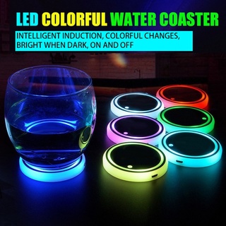 แผ่นรองแก้วเครื่องดื่ม มีไฟ LED RGB เรืองแสง กันลื่น เซนเซอร์ตรวจจับแสง ชาร์จ USB สําหรับรถยนต์