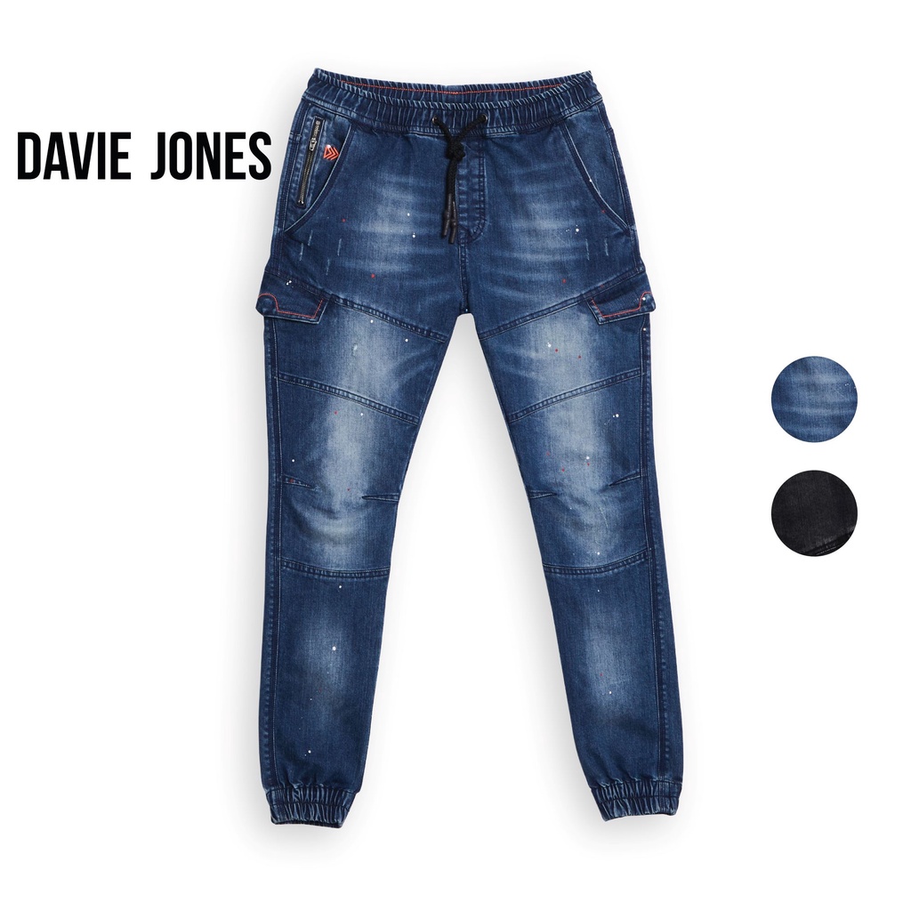 davie-jones-กางเกงจ็อกเกอร์-ยีนส์-เอวยางยืด-ขาจั๊ม-สีกรม-สีดำ-drawstring-joggers-in-black-navy-gp0133nv-bk
