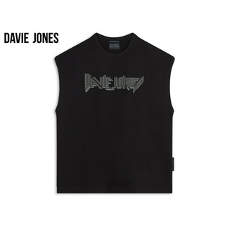 DAVIE JONES เสื้อยืดโอเวอร์ไซส์ พิมพ์ลาย แขนกุด สีดำ Graphic Print Oversized Sleeveless T-Shirt in Black LG0060BK
