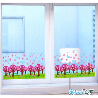 SALE Transparent Wall Sticker สติ๊กเกอร์ติดผนังแต่งขอบ ต้นเชอร์รี่ม่วง (กว้าง140cm.xสูง35cm.)