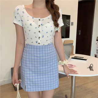 พร้อมส่ง(C1454-C1455)🌼Blue flowers crop & blue skirt เสื้อครอป+กระโปรงสีฟ้าลายสก็อต