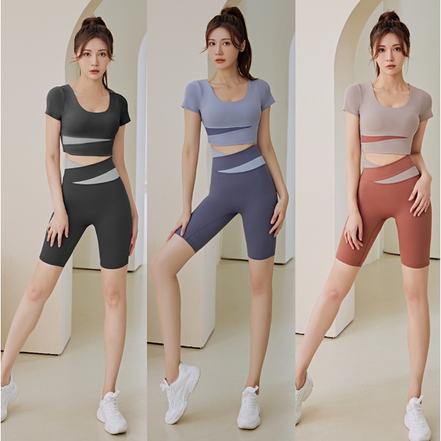 eve-sport-ชุดโยคะทูโทน-ชุดออกกำลังกาย-ชุดฟิตเนส-two-tone-yoga-222-เสื้อแขนสั้น-กางเกง-3-ส่วน