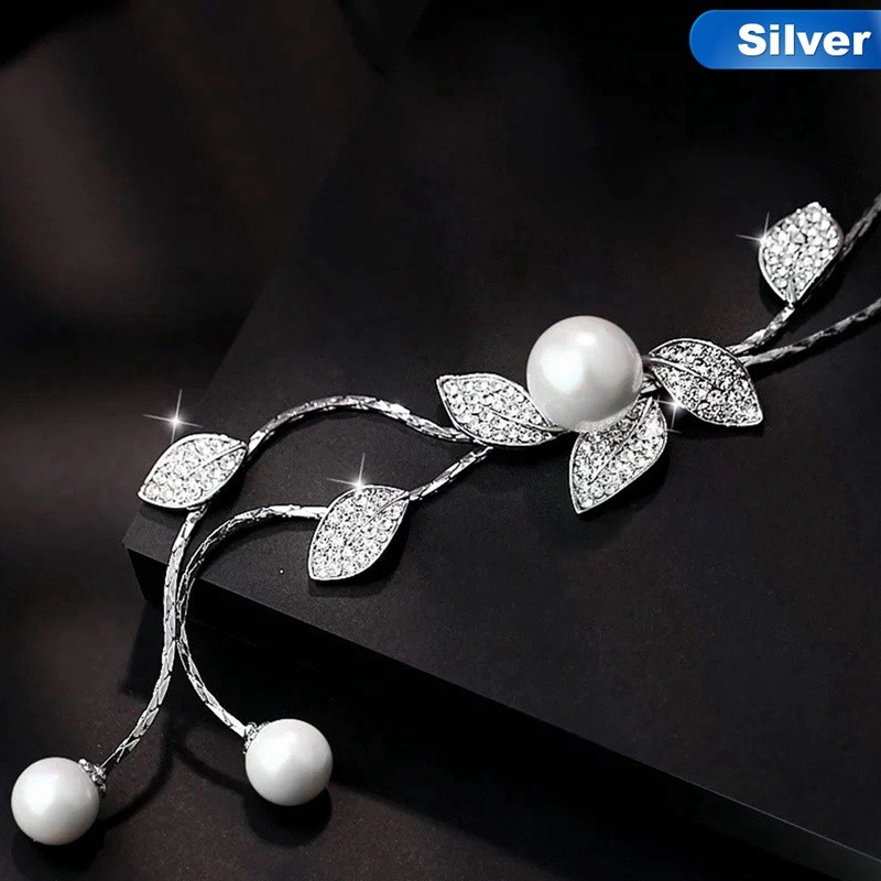 สร้อยคอเงินจี้คริสตัล-rhinestone-รูปใบไม้-rhinestone