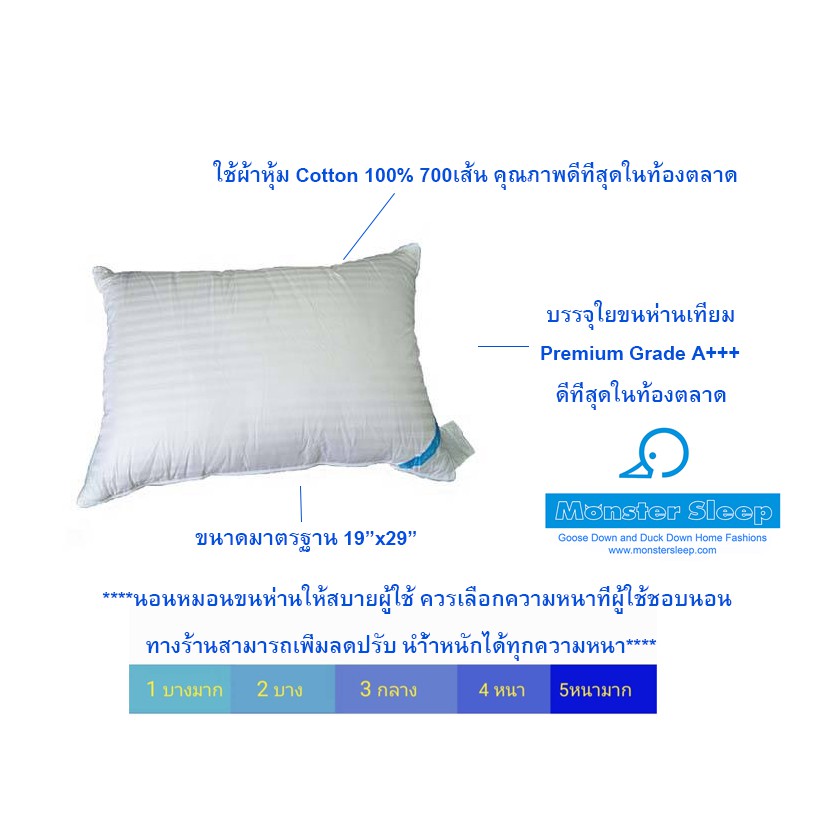 หมอนขนห่านเทียม-monstersleep-ผ้าหุ้มลายริ้วcotton100-ดีที่สุดในท้องตลาด-มีช่องซิปเปิดปิด-ปรับความหนาของหมอนเองได้ค่ะ