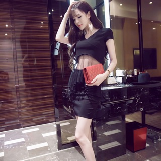 FB ชุดเซท 2 ชิ้น เสื้อครึ่งตัวต่อชายผ้าตาข่ายโปร่ง กับกระโปรงสั้นสีดำ รหัส 1251