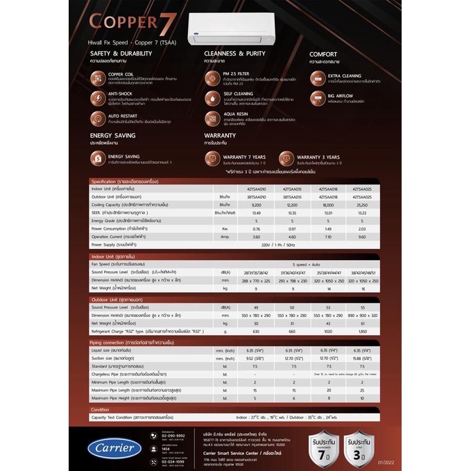 ติดตั้งฟรีทั่วประเทศ-สินค้าใหม่-ปี2023แอร์-แคเรียร์-carrier-เครื่องปรับอากาศ-ระบบธรรมดา-รุ่น-copper7-เย็น