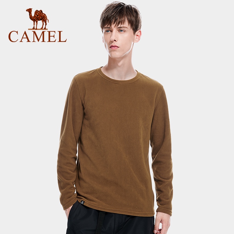 camel-เสื้อยืดแขนยาวผ้าขนแกะเรียบง่ายสําหรับผู้ชาย