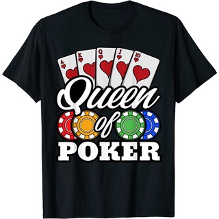 เสื้อยืดผ้าฝ้ายพิมพ์ลายคลาสสิก เสื้อยืดแขนสั้น พิมพ์ลายโป๊กเกอร์ Queen Gambling Casino Card Game Hand Bluff Fold แบบดั้ง
