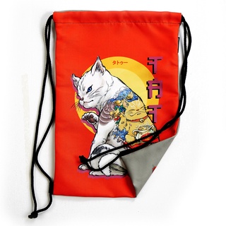 กระเป๋าหูรูด ลาย แมวสัก หมาสัก หน้าหลัง ผ้าแคนวาส พกพาง่าย / Neko Tattoo / Bulldog  Front-Back Drawstring bag Canvas