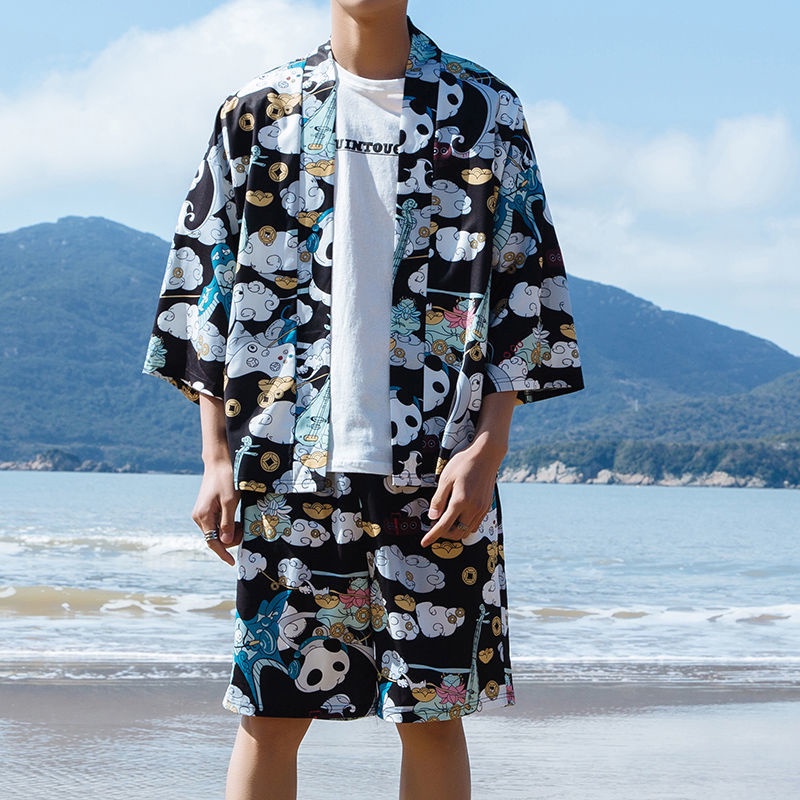 ภาพหน้าปกสินค้าราคาส่ง2ชุดขึ้นไป Kimono Men 1920 ชุดเซตเสื้อคลุมกิโมโนชาย+กางเกง ชุดเซตกางเกงขาสั้น ชุดสไตล์ญี่ปุ่น ชุดเดินชายหาด จากร้าน mno.9 บน Shopee